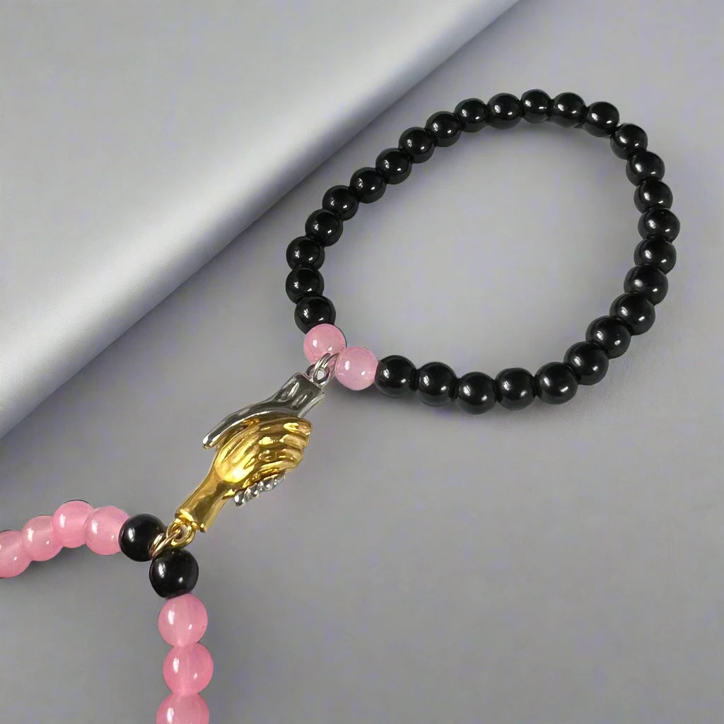 Couple Magnetic Handshake Bracelet Pink & Black (6mm Beads)