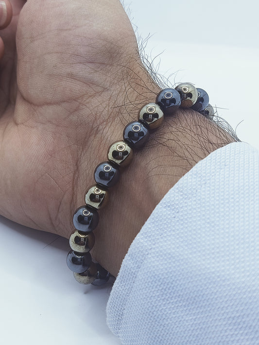 Hematite Golden & Metallic Grey Premium Bracelet (8mm)