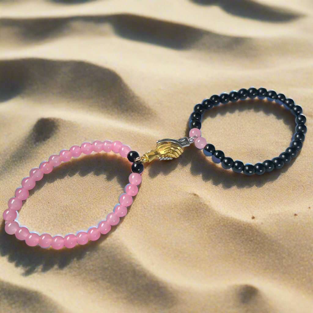 Couple Magnetic Handshake Bracelet Pink & Black (6mm Beads)