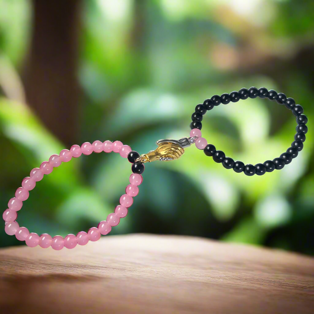 Couple Magnetic Handshake Bracelet Pink & Black (6mm Beads)